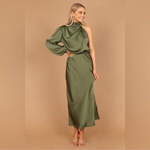 Petal & Pup Amelie One Shoulder Satin Maxi Dress Olive Green Size Large